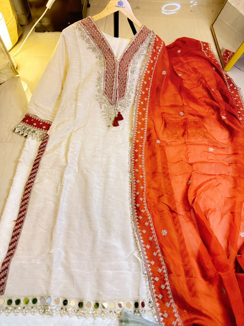 Ivory Beige & Orange Embroidered 3-Piece Suit - view 5