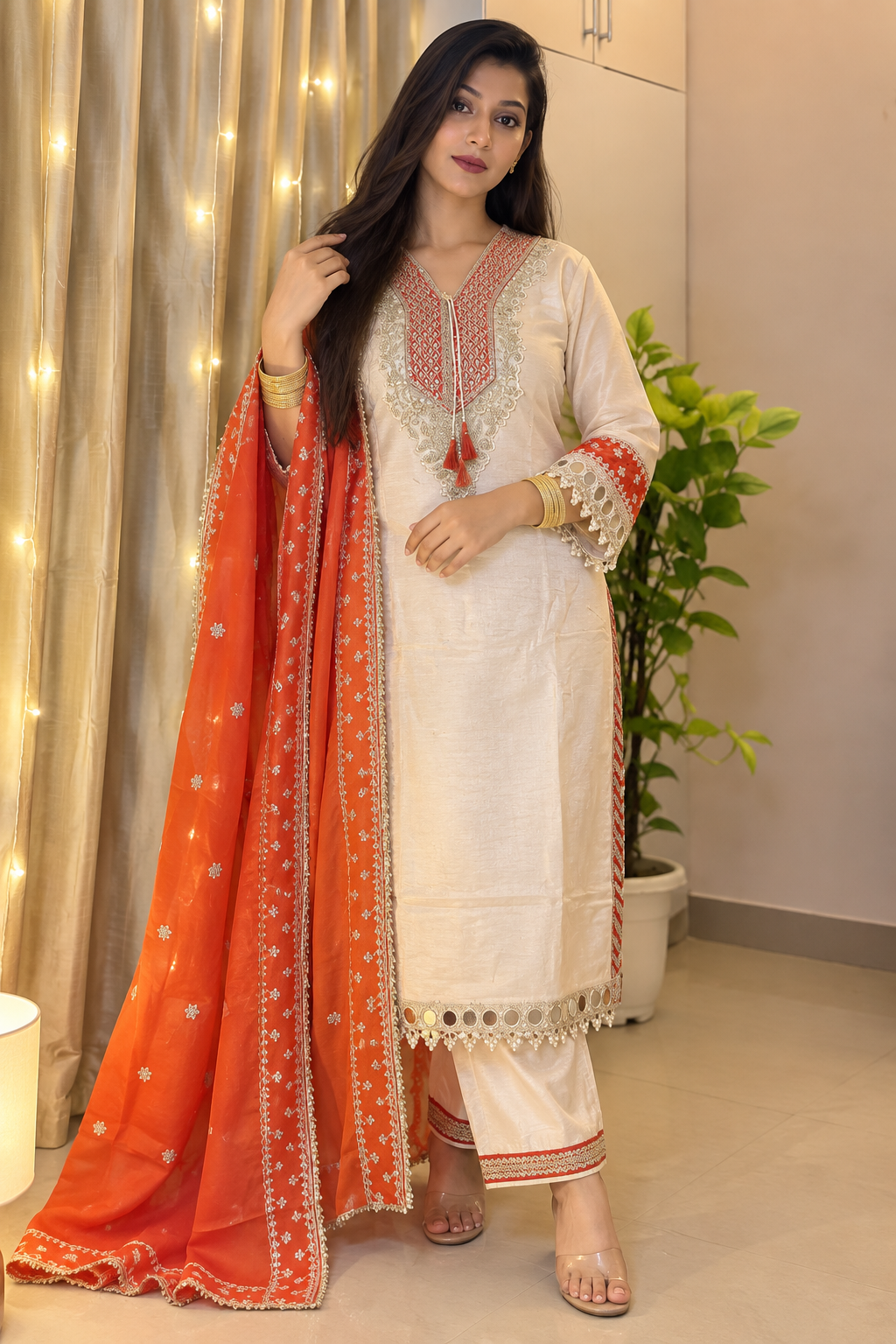 Ivory Beige & Orange Embroidered 3-Piece Suit - view 1