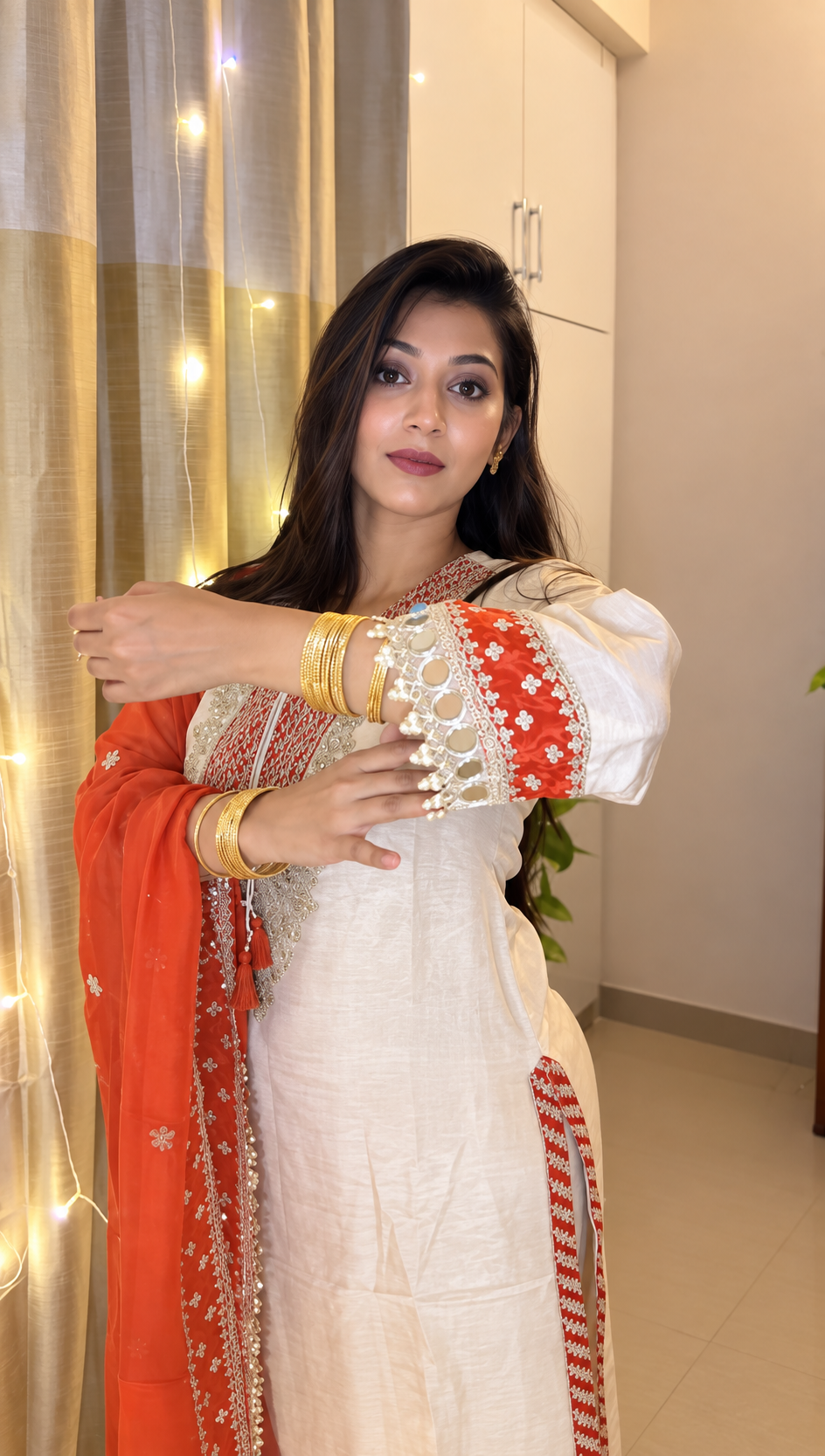 Ivory Beige & Orange Embroidered 3-Piece Suit - view 2