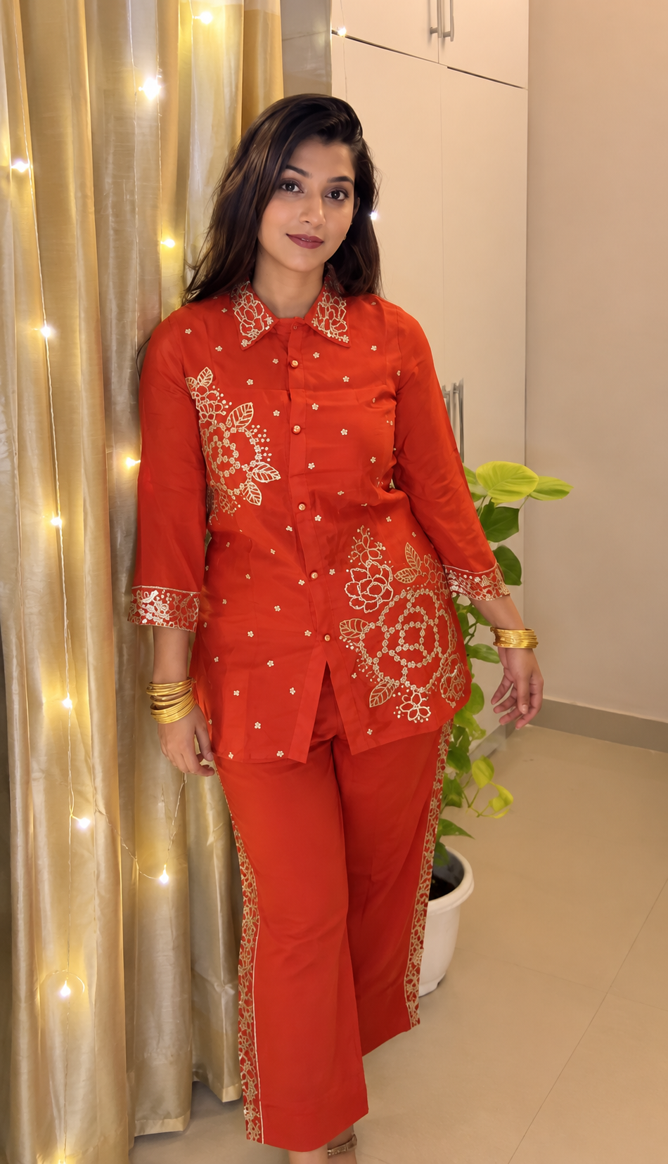 Golden Zari Handwork Orange Co-Ord Set - view 2