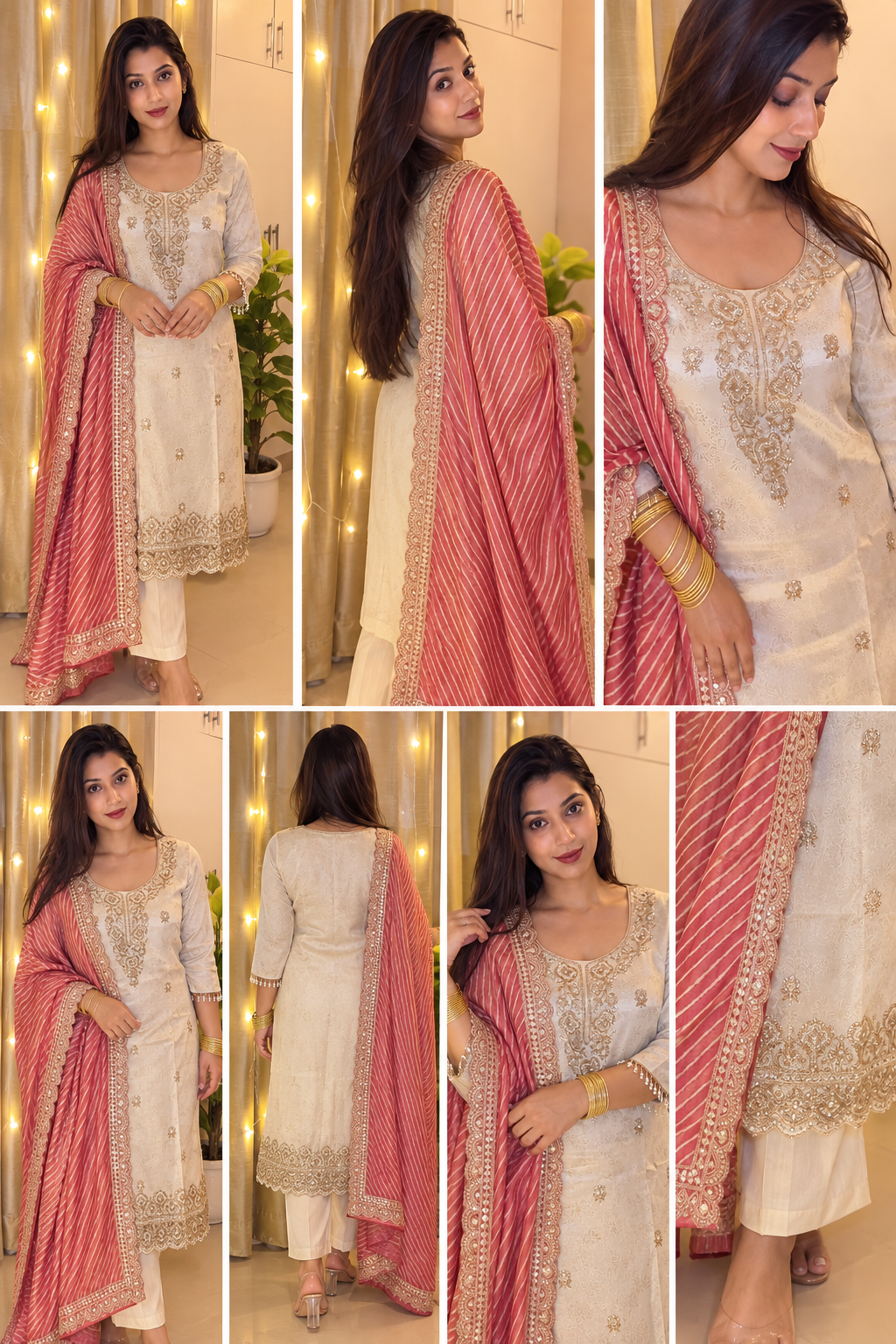 Ivory Stone-Embellished 3-Piece Suit with Pink Zari Dupatta - view 5