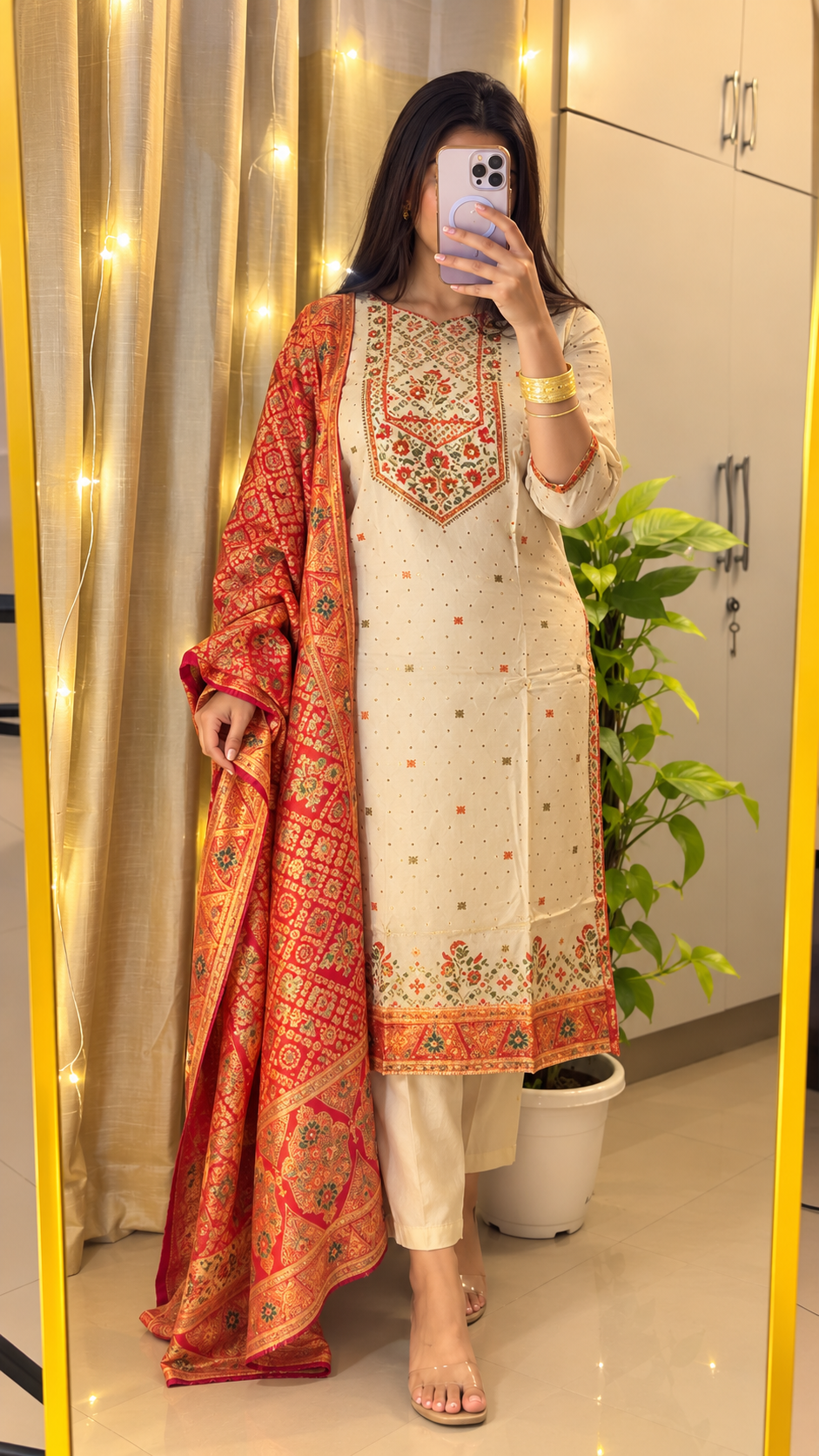 Mehfil Ivory 3-Piece Suit with Red Silk Dupatta - view 2