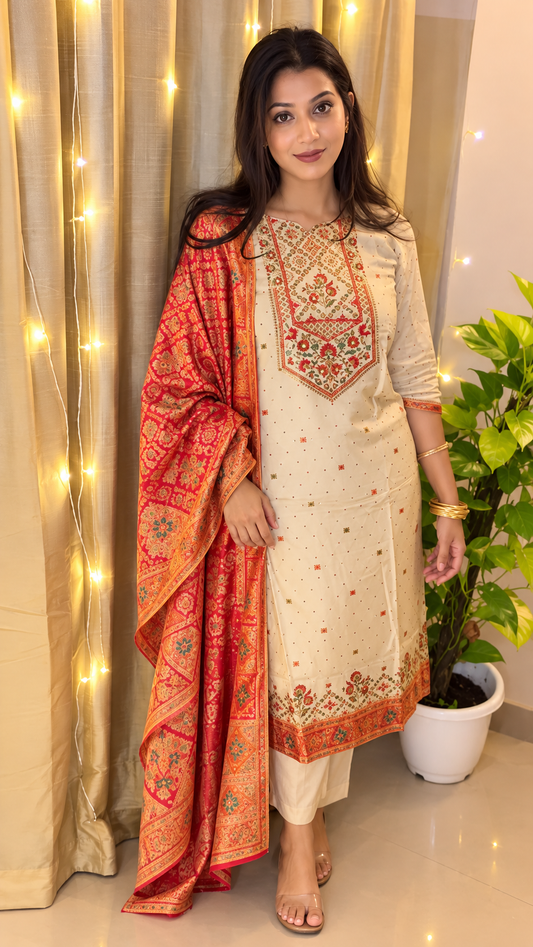 Mehfil Ivory 3-Piece Suit with Red Silk Dupatta - view 1