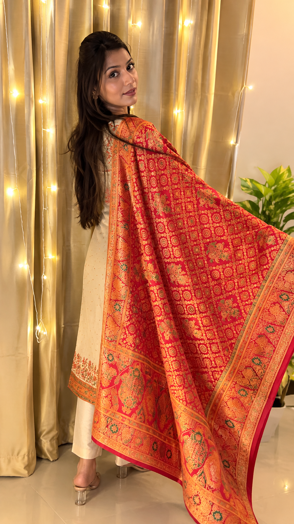 Mehfil Ivory 3-Piece Suit with Red Silk Dupatta - view 3