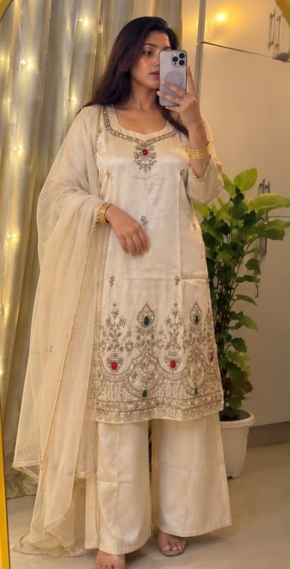 Ivory Stone-Embellished 3-Piece Suit with Sheer Dupatta - view 1