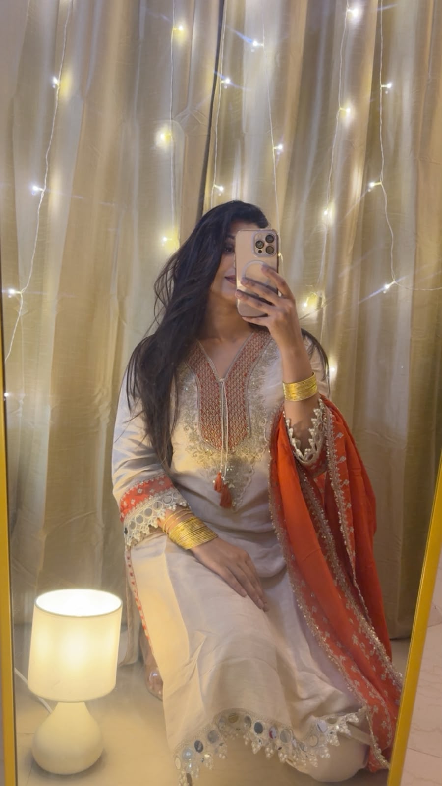 Ivory Beige & Orange Embroidered 3-Piece Suit - view 4