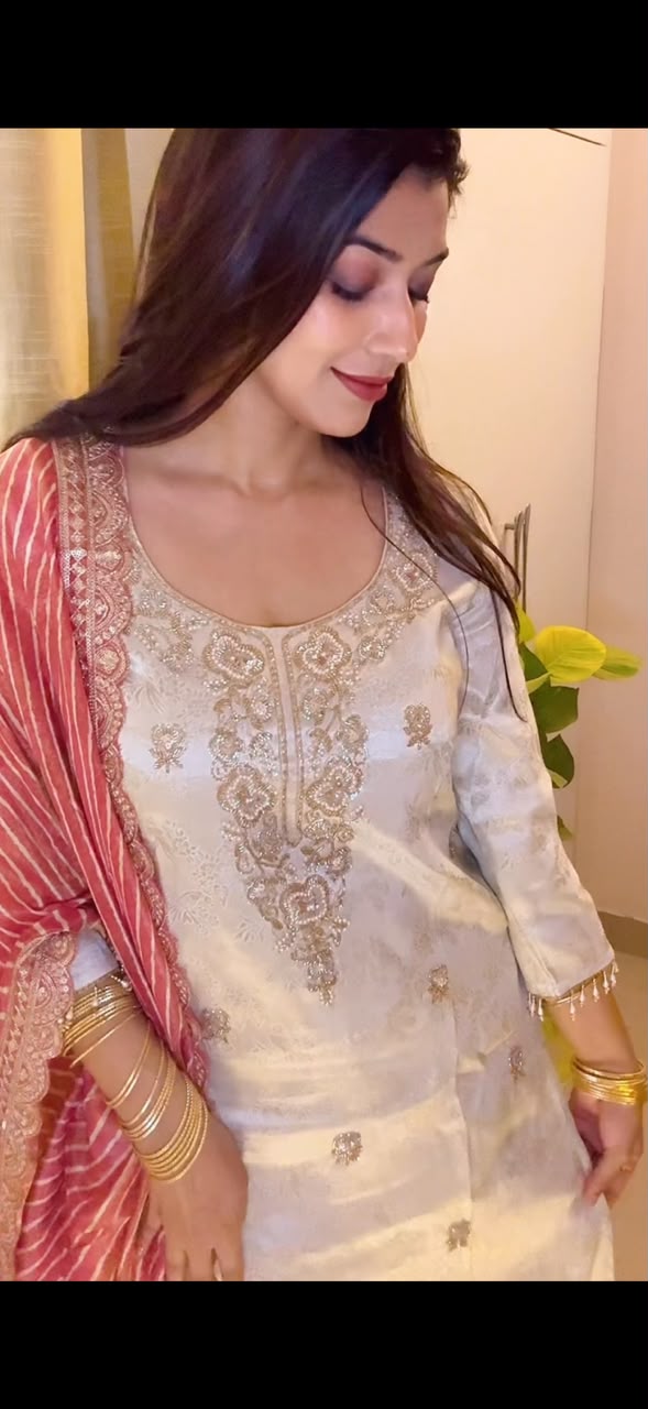 Ivory Stone-Embellished 3-Piece Suit with Pink Zari Dupatta - view 2