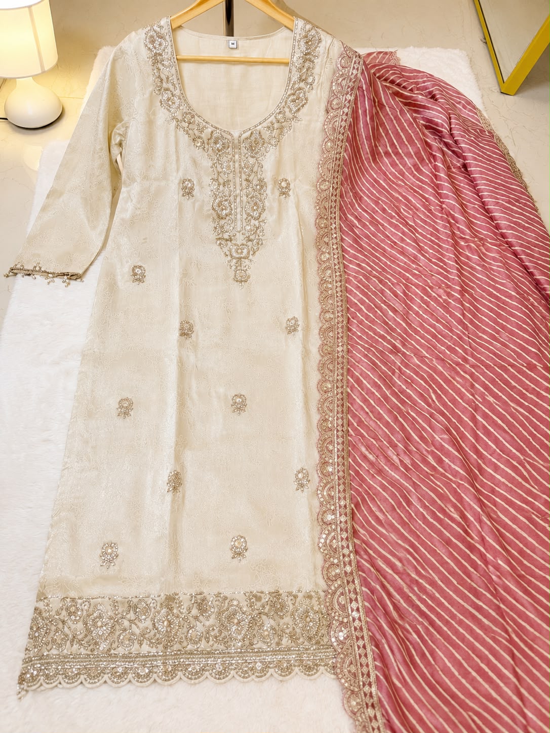 Ivory Stone-Embellished 3-Piece Suit with Pink Zari Dupatta - view 4