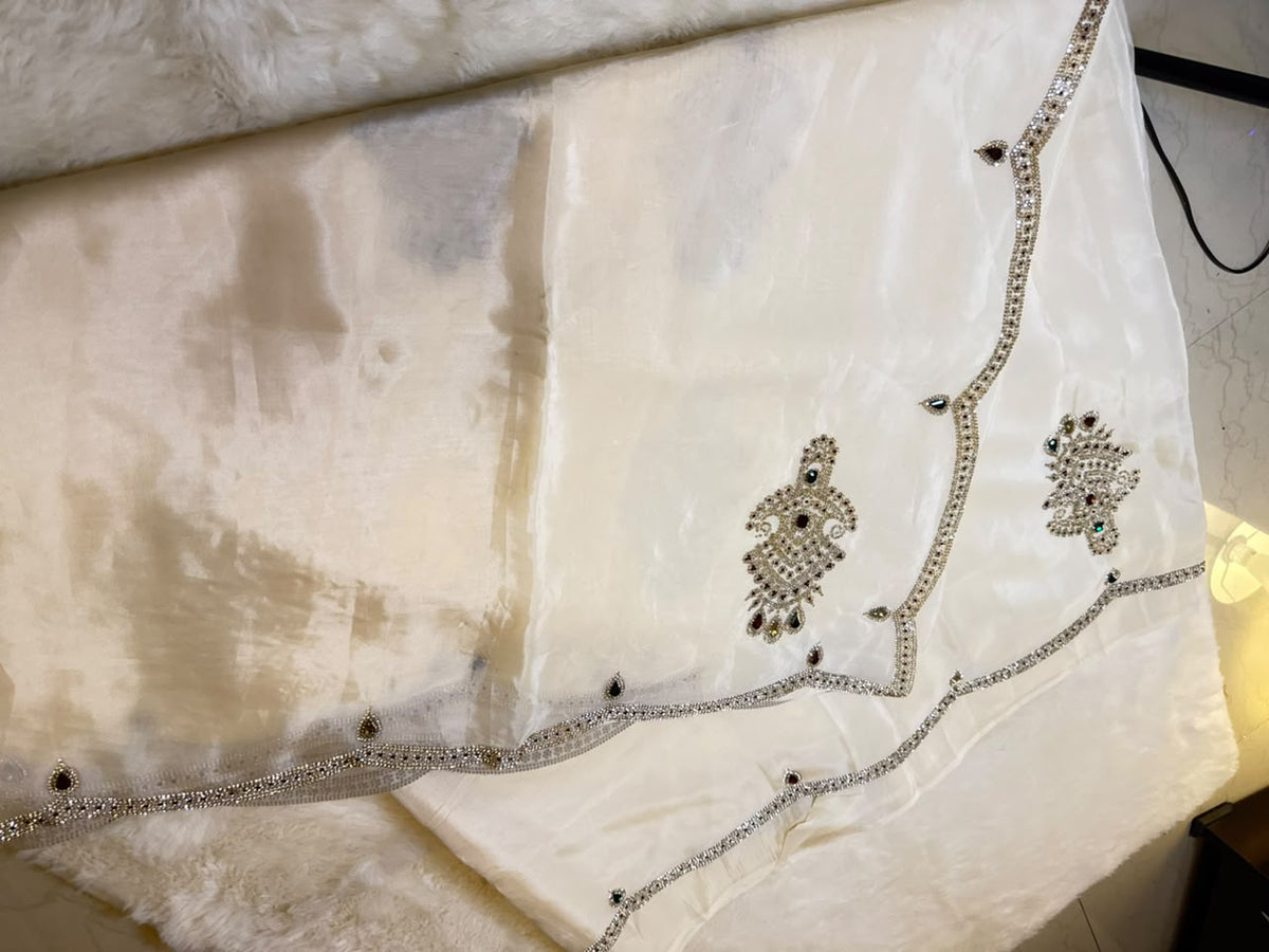 White Stone Embellished Tissue Saree