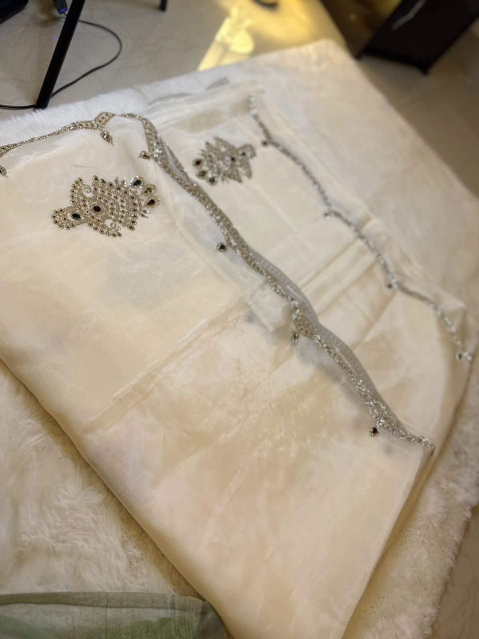 White Stone Embellished Tissue Saree
