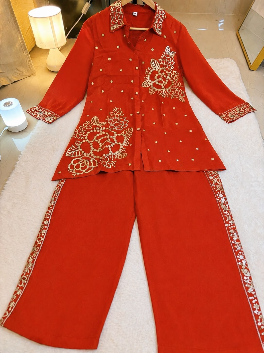 Golden Zari Handwork Orange Co-Ord Set - view 5