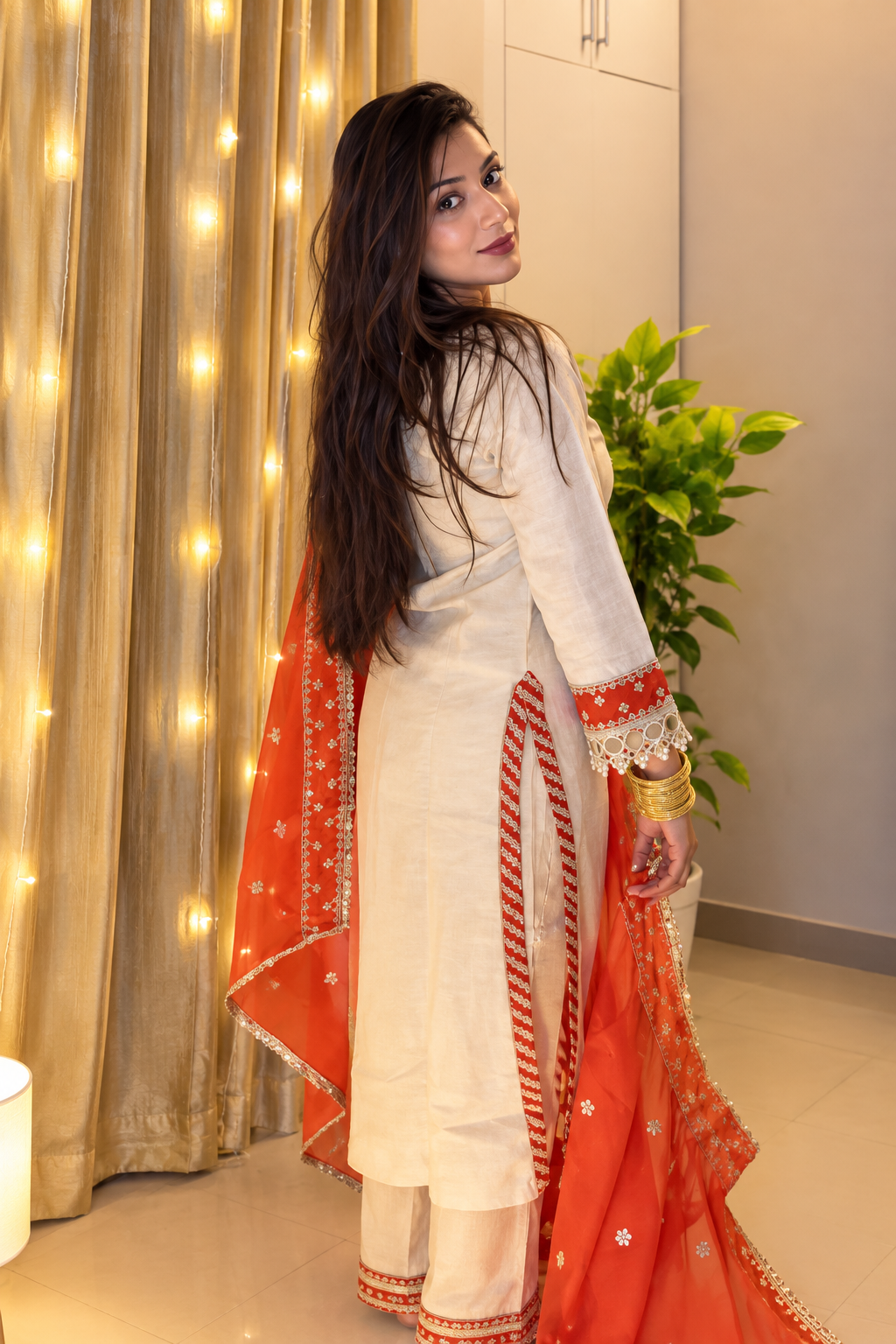 Ivory Beige & Orange Embroidered 3-Piece Suit - view 3