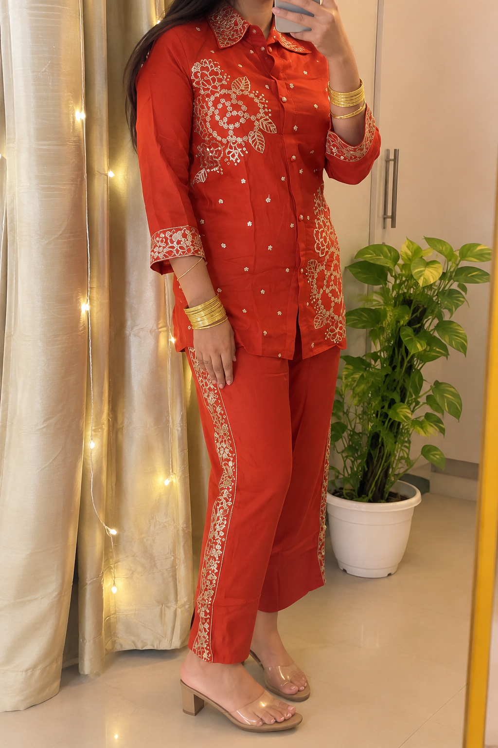 Golden Zari Handwork Orange Co-Ord Set - view 3