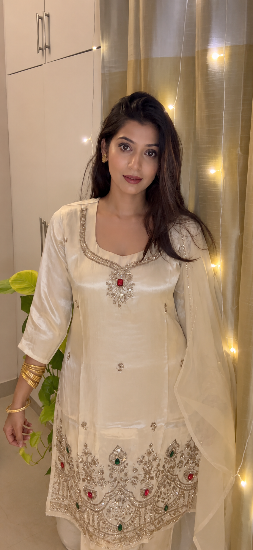 Ivory Stone-Embellished 3-Piece Suit with Sheer Dupatta - view 3