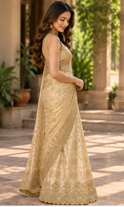 Champagne Gold Embroidered Saree