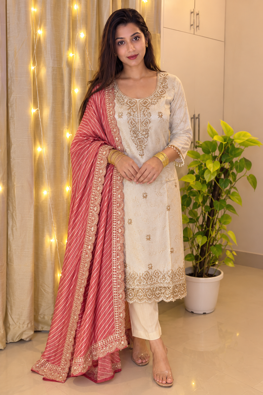 Ivory Stone-Embellished 3-Piece Suit with Pink Zari Dupatta - view 1