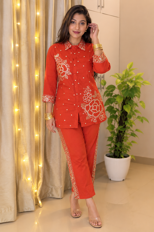 Golden Zari Handwork Orange Co-Ord Set - view 1