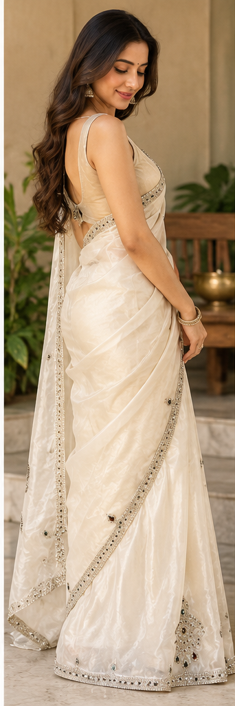 White Stone Embellished Tissue Saree